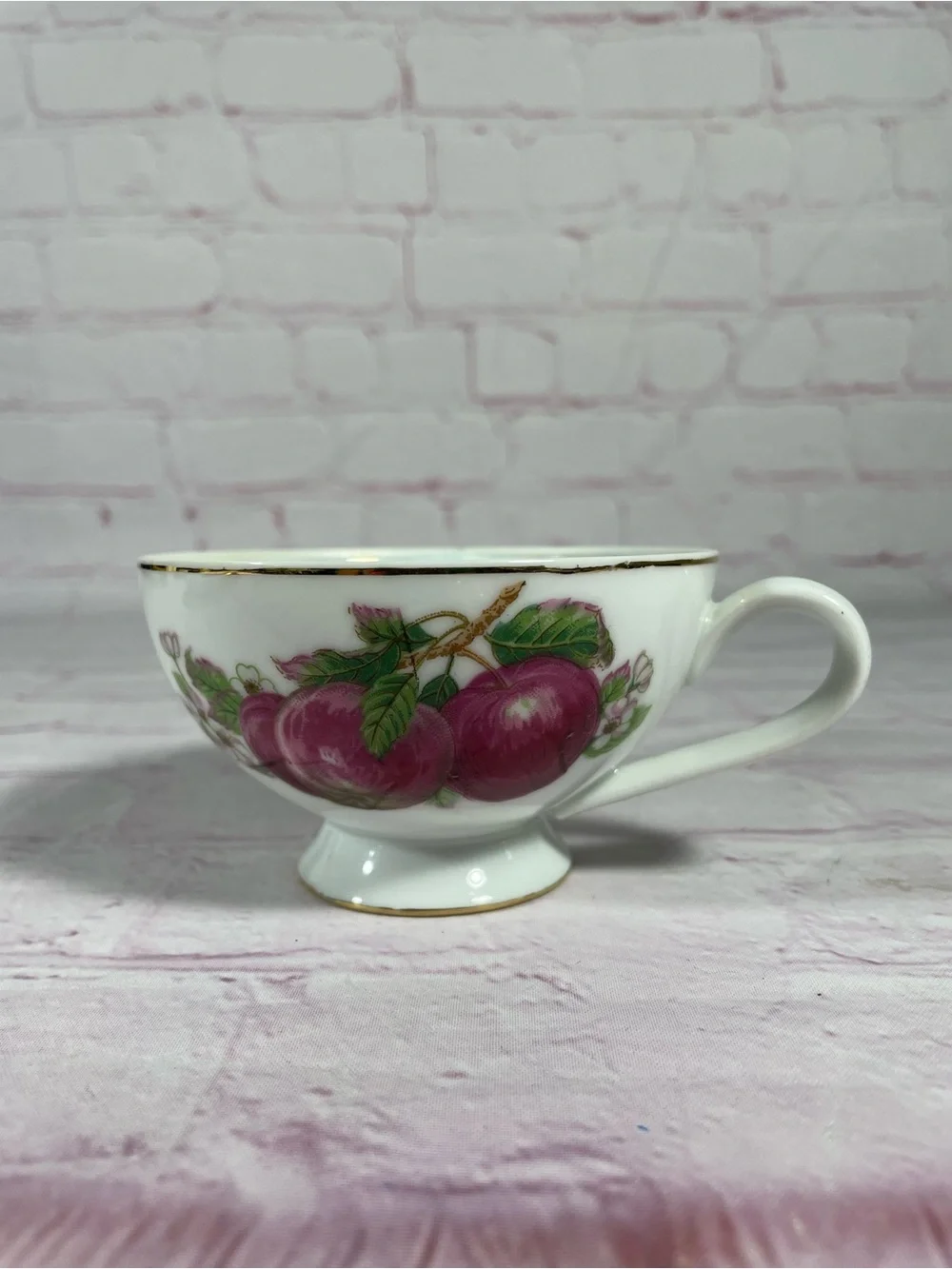 Vintage Plum and Floral Iridescent Footed Teacup and Saucer Set Gold Trim Japan